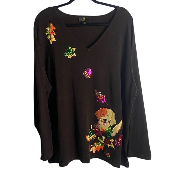 Quacker Factory Size 3x Sweater Fall Dog in Leaves Embroidered Sequins Brown - Picture 1 of 7